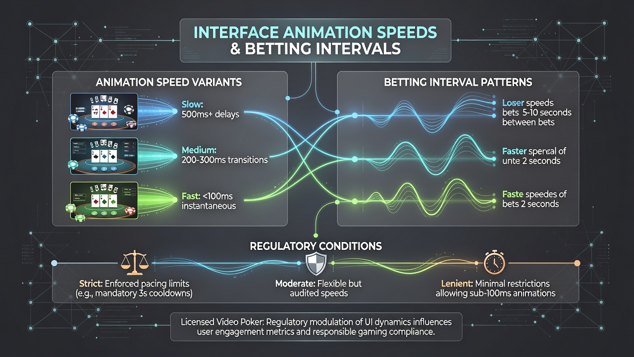 Interface animation elements in licensed video poker applications showing speed variations across regulatory frameworks