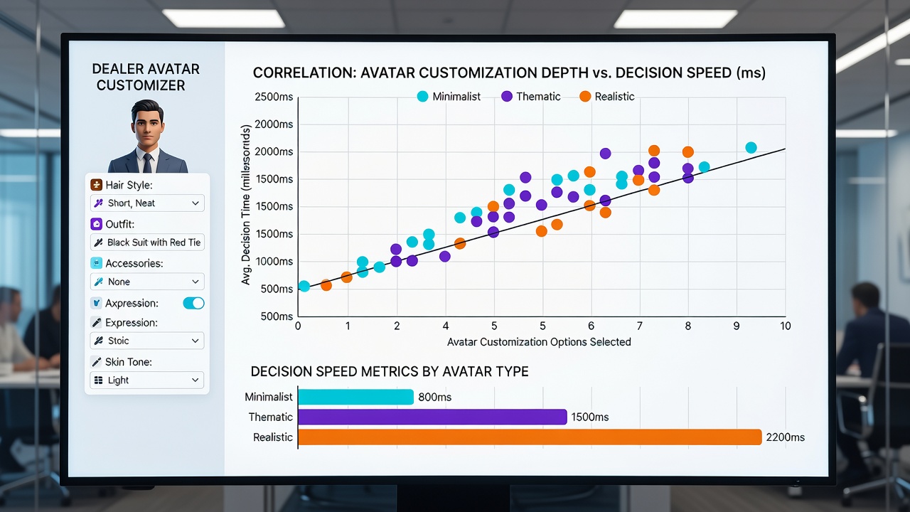 Analytics dashboard displaying correlation graphs between avatar customization levels and average player decision times across multiple virtual poker tables