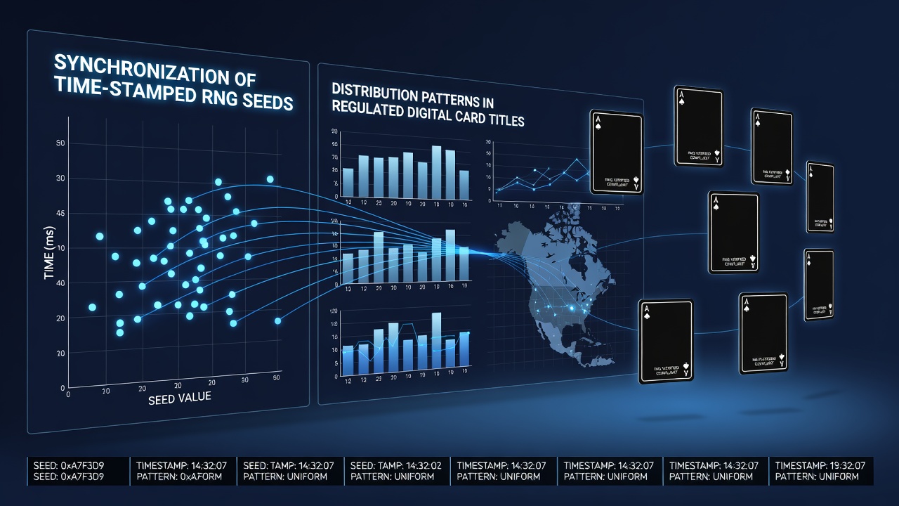 Technical visualization of time-stamped RNG seed synchronization in card game platforms