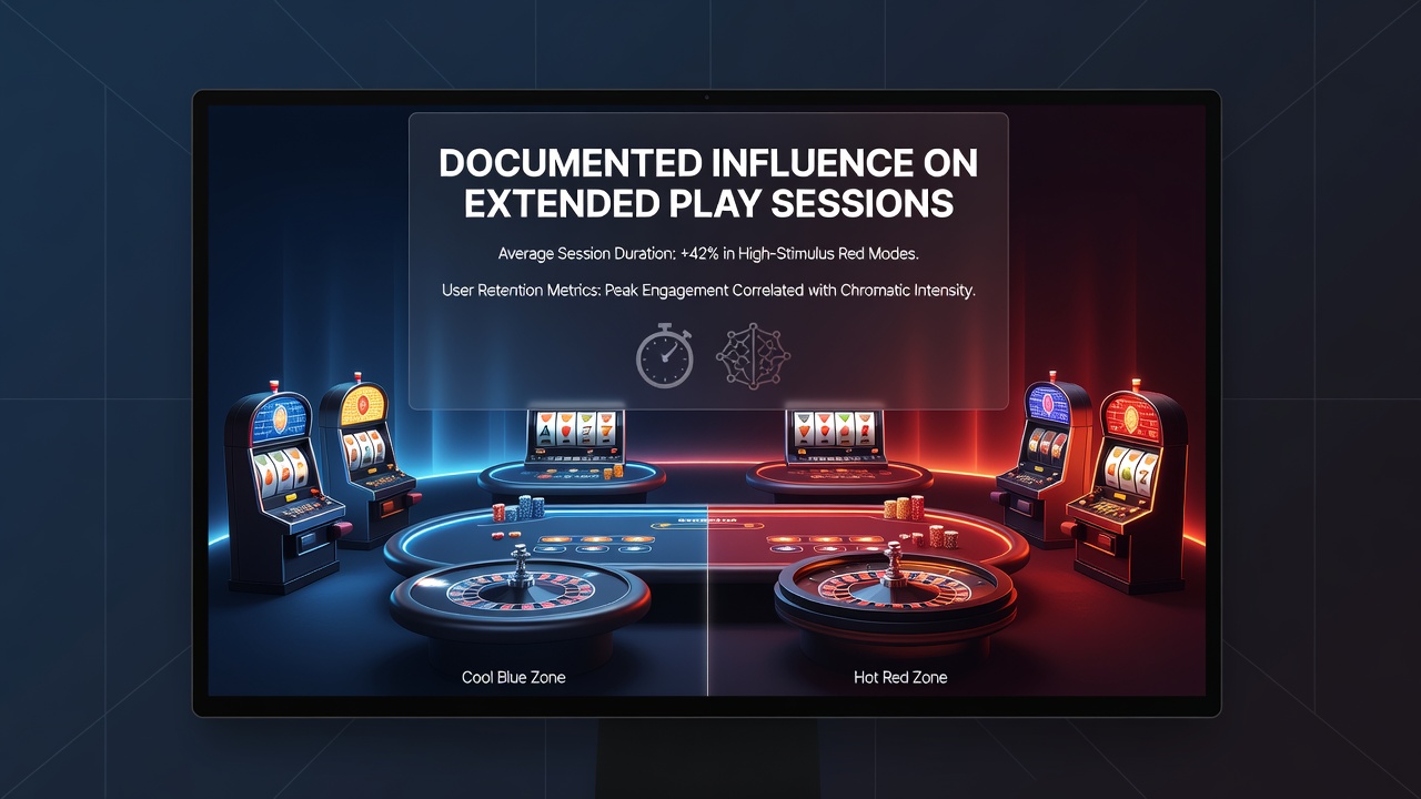 Virtual casino interface showing dynamic neon lighting against deep blue and purple color gradients that guide player attention across slot reels and table games