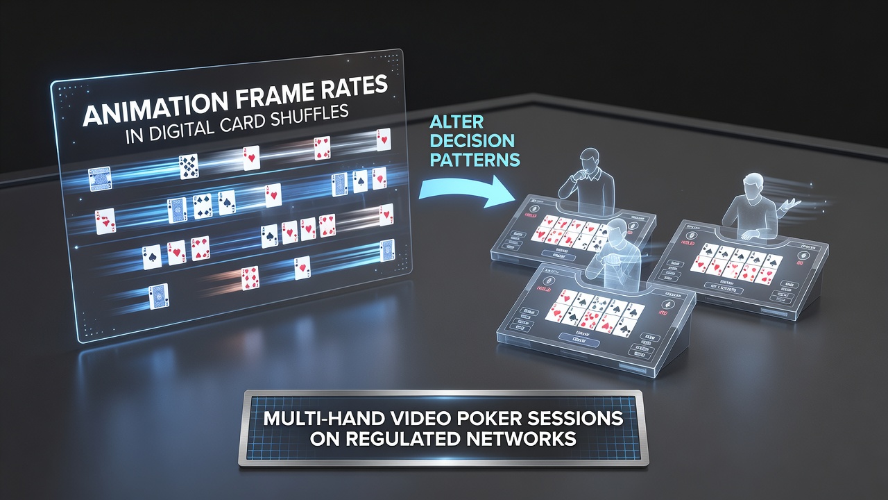 Digital video poker interface showing multi-hand layout with animated card shuffles on a regulated platform