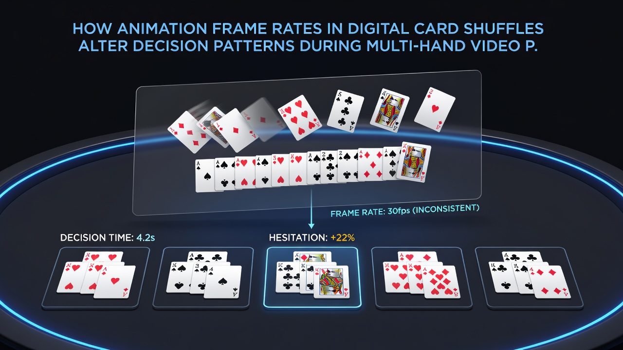 Close-up view of animated card shuffle sequence in a multi-hand video poker game with timing overlays