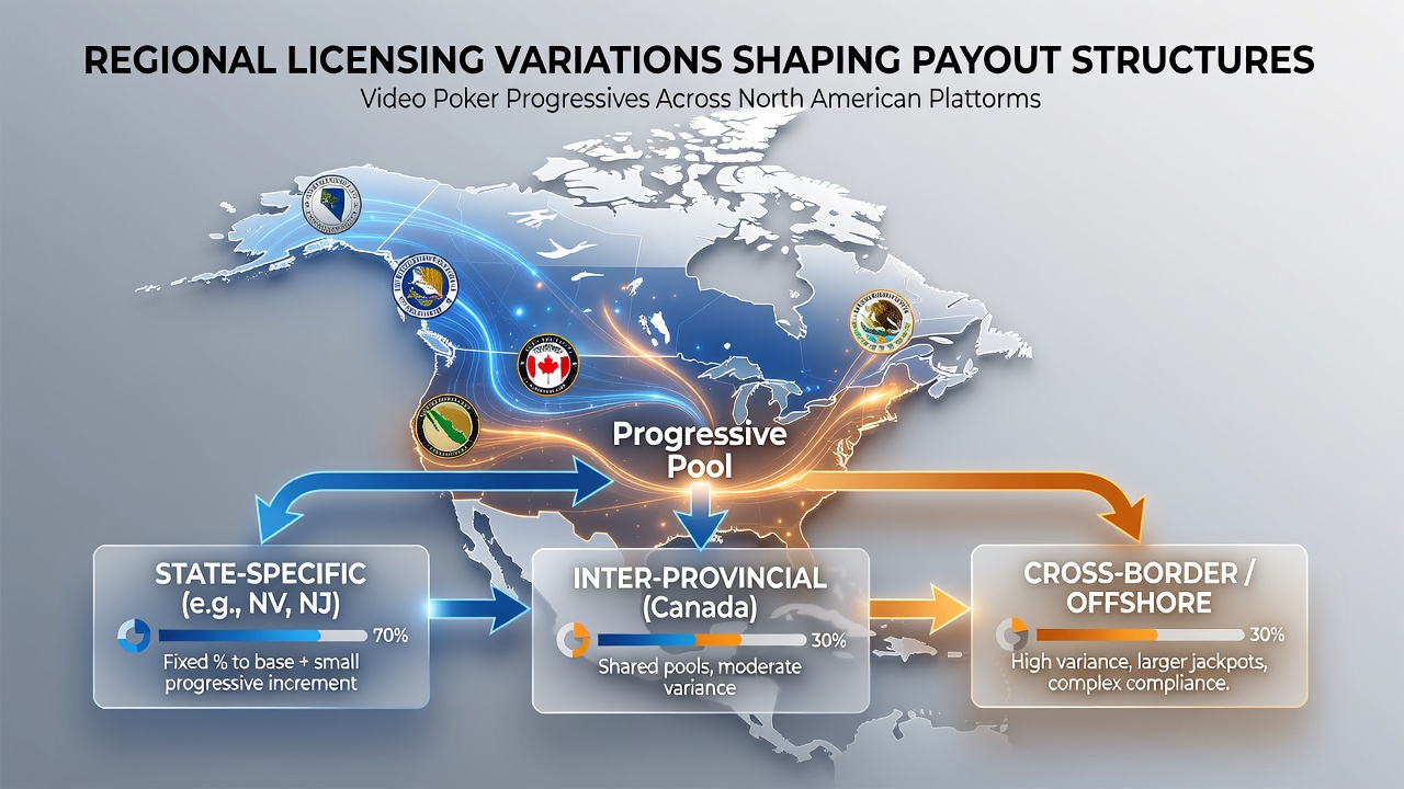 Overview of video poker progressive networks spanning multiple North American jurisdictions with highlighted licensing zones