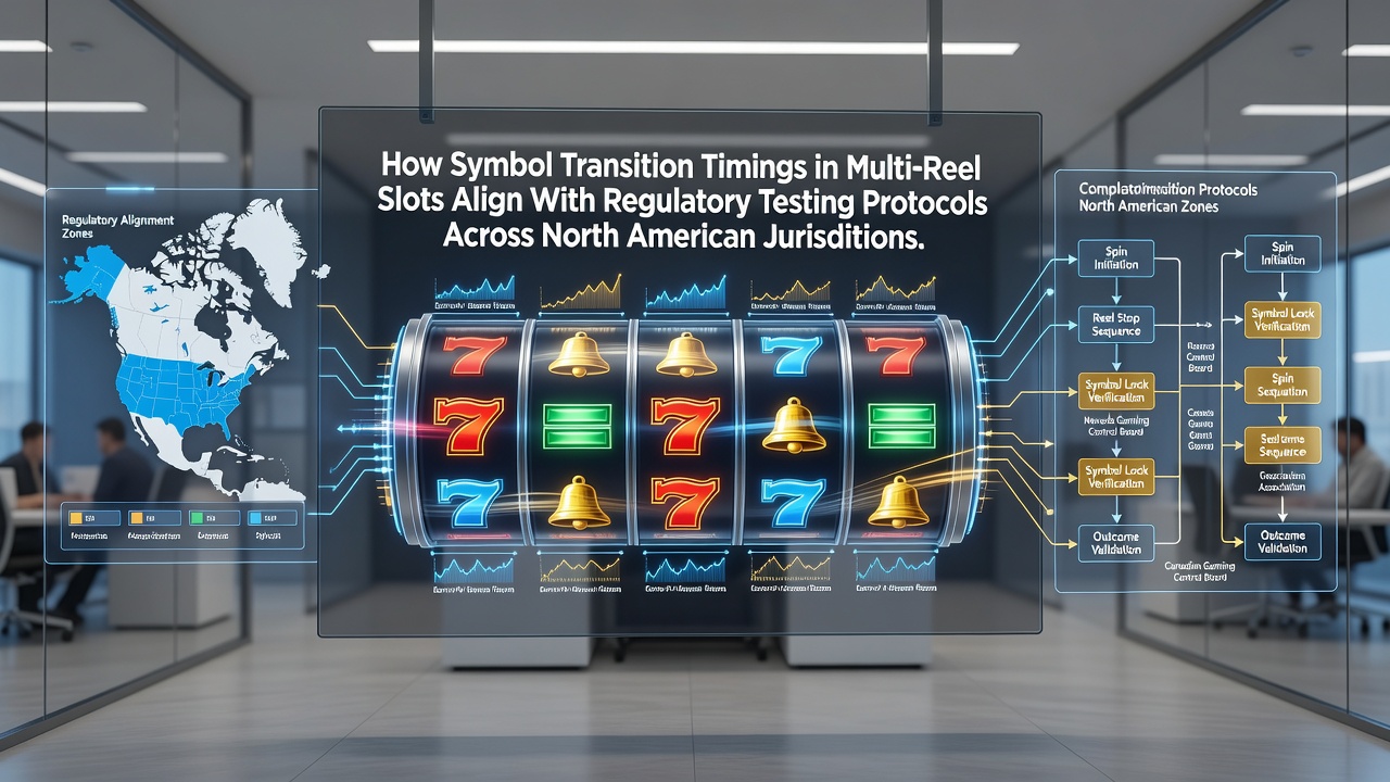 Multi-reel slot machine display showing symbol transitions during regulatory testing