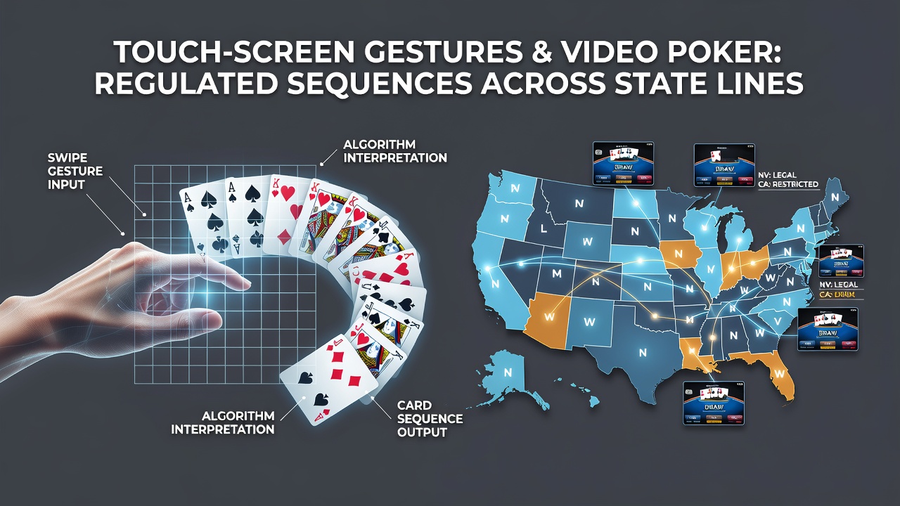 Close-up of fingers performing swipe and tap gestures on a regulated video poker app screen showing card draws