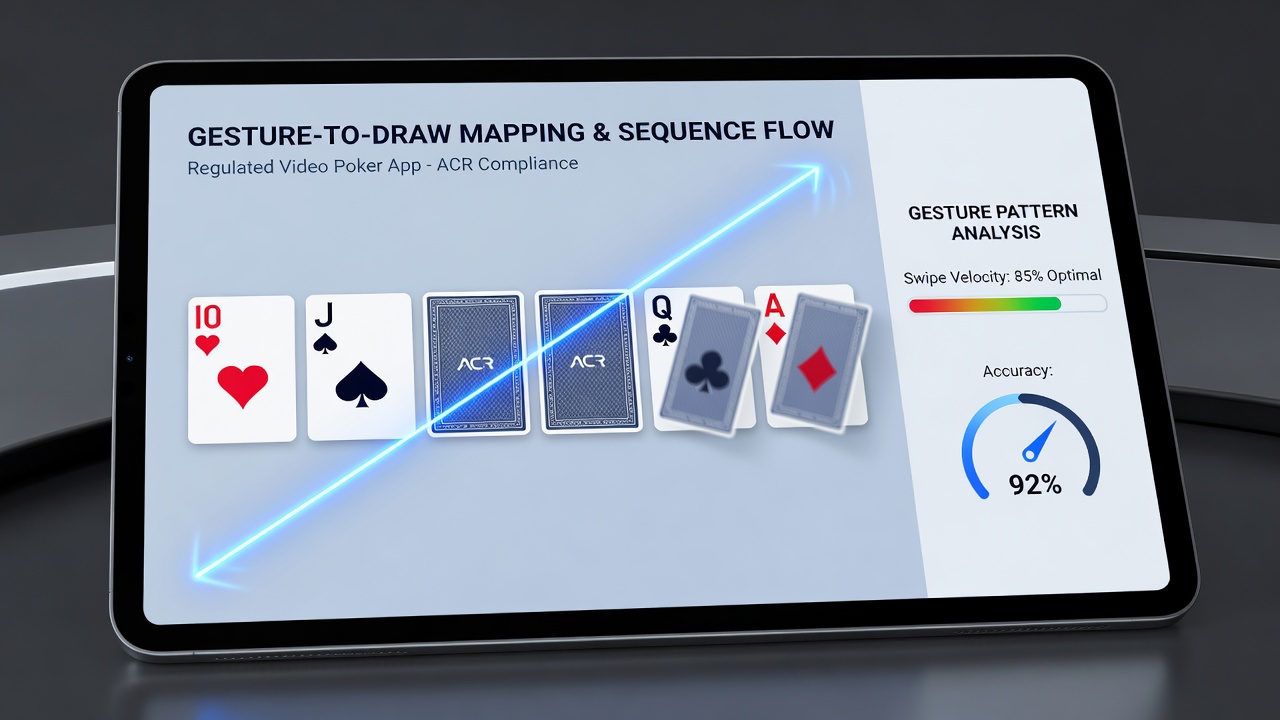 Split-screen view comparing gesture input logs and resulting card sequences in video poker apps from two states