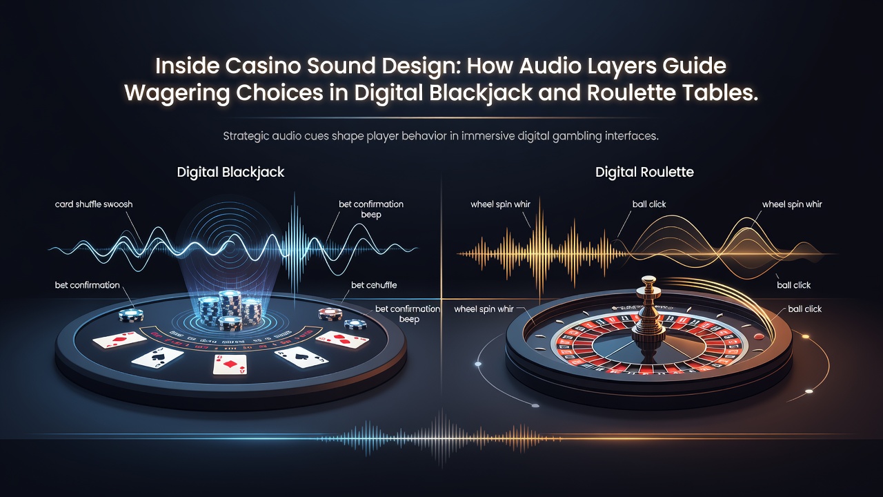 Digital blackjack and roulette interface showing layered audio elements with subtle visual cues for sound design