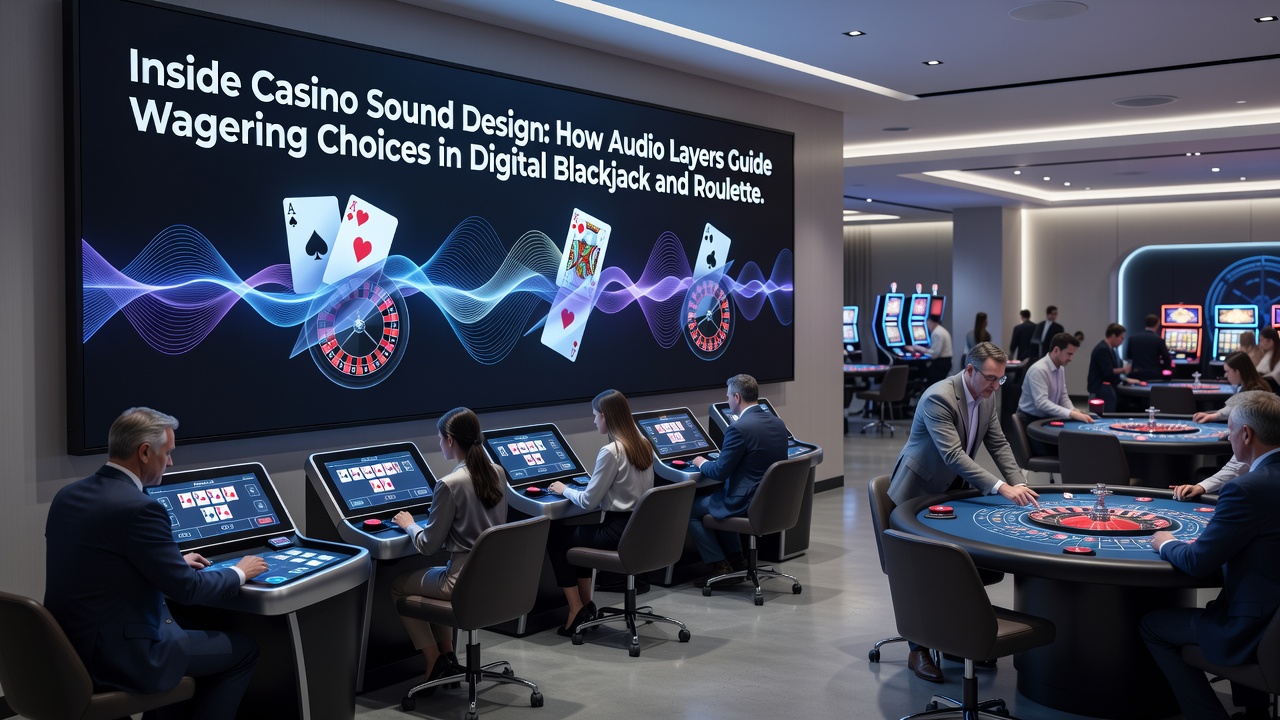 Close-up of roulette wheel digital interface with audio waveform overlays indicating layered sound design elements