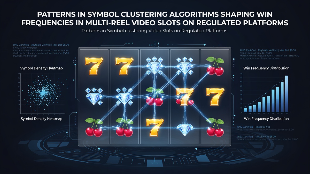 Multi-reel video slot interface showing clustered symbols across five reels on a regulated digital platform
