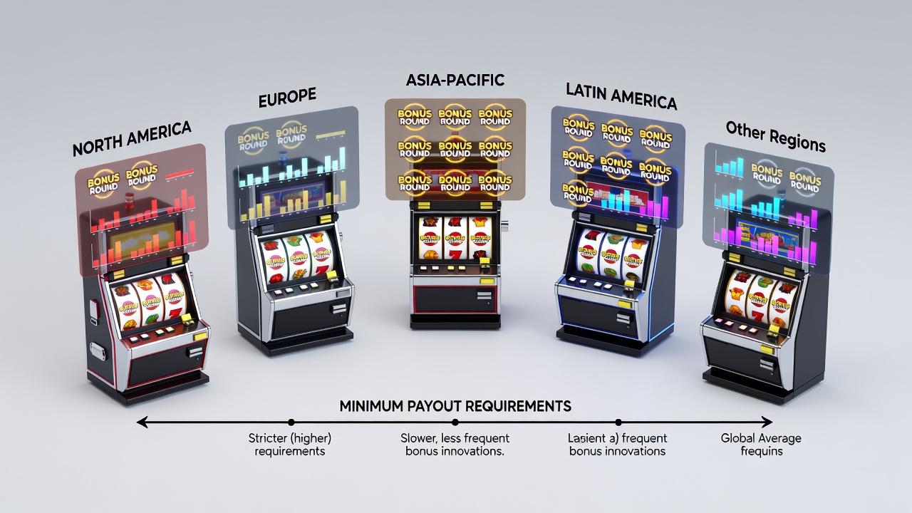 Five-reel video slot machine interface displaying bonus round trigger symbols and regional payout indicators