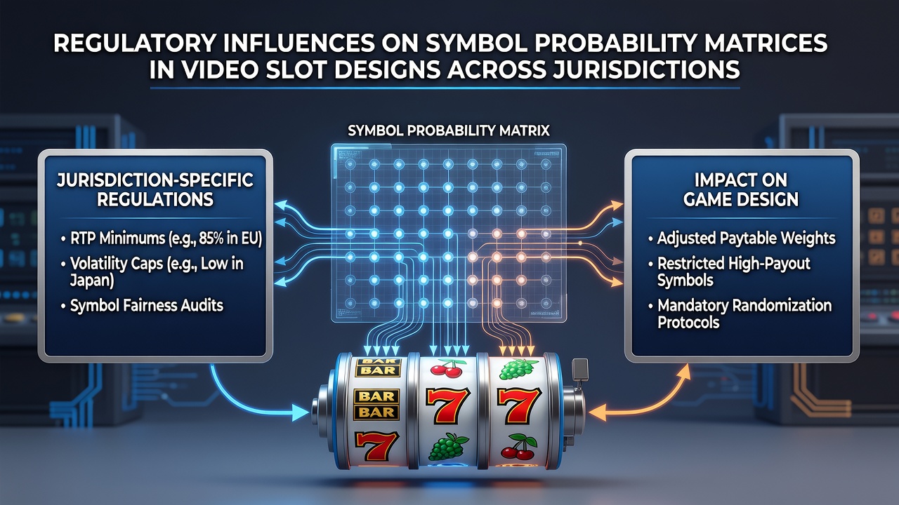 Regulatory framework diagrams showing symbol weight distributions in video slot reels under different jurisdiction rules