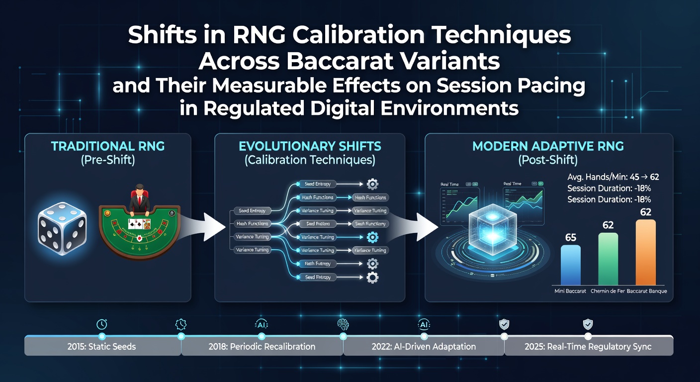 Digital baccarat interface displaying RNG calibration metrics and session timing data on a regulated platform