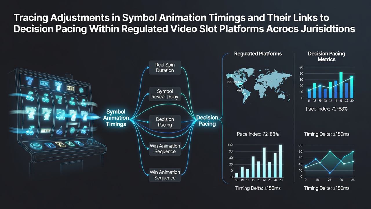 Diagram showing symbol animation sequences and timing adjustments in regulated video slot interfaces